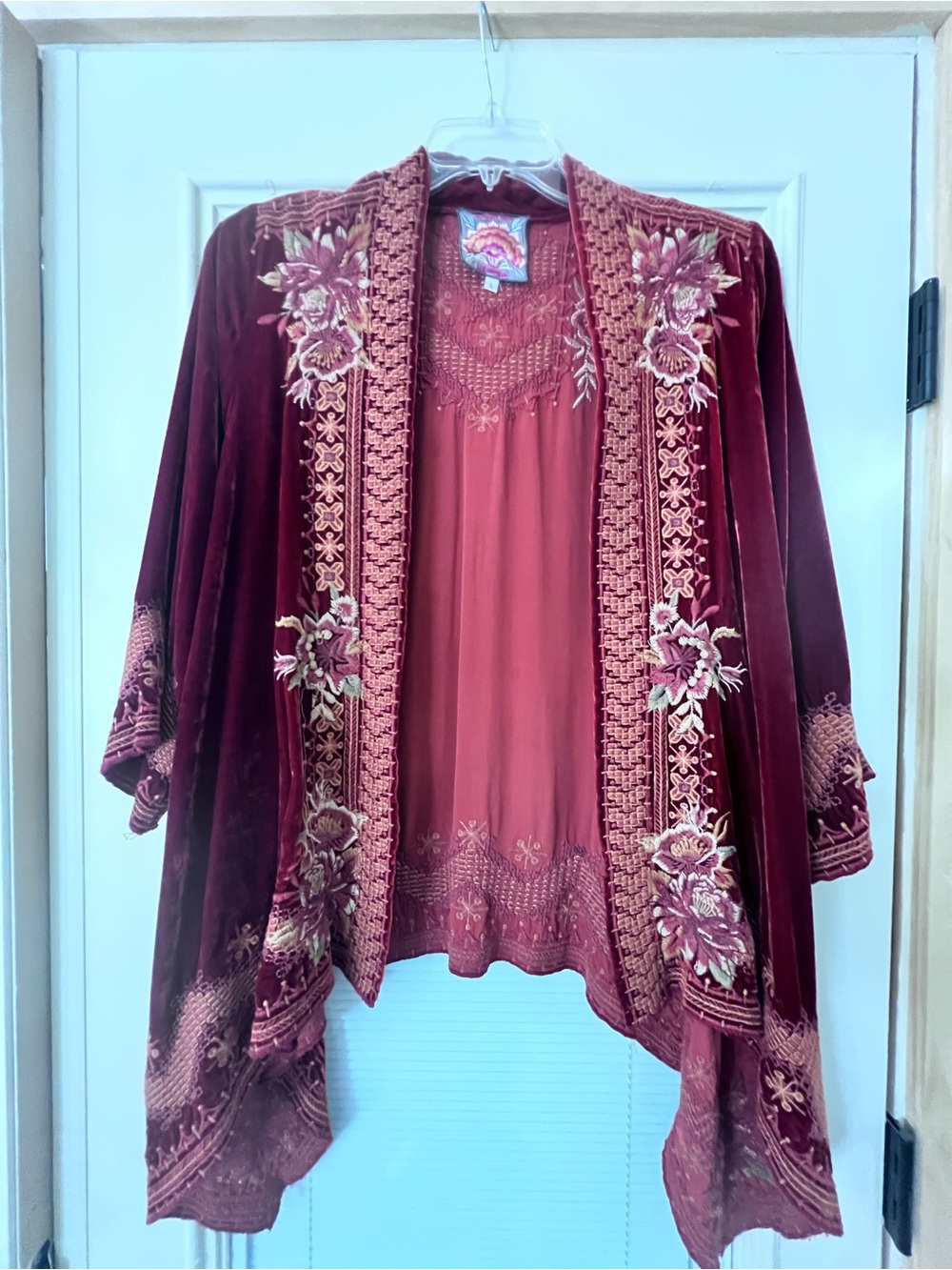 Johnny Was Crimson Velvet Embroidered Floral Kimono Cardigan